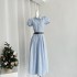 A small wild berry French style design blue shirt dress for women in summer, with a slimming waist and short sleeved long skirt, exuding a slimming temperament