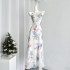 MOSS STUDIO Blue Jade and White Chinese Style New Chinese Style Strap Large Flower Dress Summer Medium Long Dress for Women