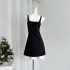 Summer Home Black Hand sewn Flower Strap Dress for Women, Short and Thin Summer Small Fragrant Short Skirt