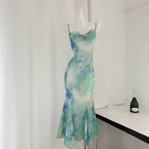 The Journey of a Legendary Landscape Painting Splash Ink Colorful Swing Collar Fishtail Chiffon Sling Long Dress