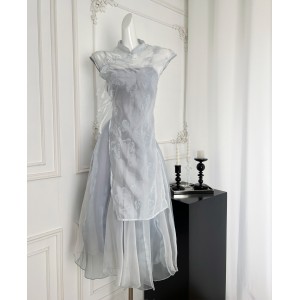 New Chinese style blue snow gauze butterfly dreamy blue and white national style two-piece set