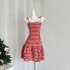 RAINY Sweet plaid patchwork lace bow suspender dress summer women's short plaid dress