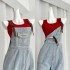 Hong Kong style high-end set, women's college style age reducing denim overalls two-piece set, explosive street trend summer 2024 new item