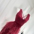 Roselyn burgundy velvet polka dot mesh puffy dress with women's V-neck design and waist and hip cinching dress