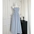 Blue plaid lace slimming and high-end feeling, detachable suspender, strapless long skirt for women