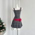 LATTITUDE/Yang Xiaolu Butterfly Knot Grid Color Contrasting Strap pleated Dress