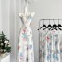 MOSS STUDIO Blue Jade and White Chinese Style New Chinese Style Strap Large Flower Dress Summer Medium Long Dress for Women