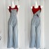 Hong Kong style high-end set, women's college style age reducing denim overalls two-piece set, explosive street trend summer 2024 new item