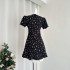 Yang Xiaojuan French retro lace patchwork black floral dress Miu series waist cinched A-line small black dress with a girlish feel