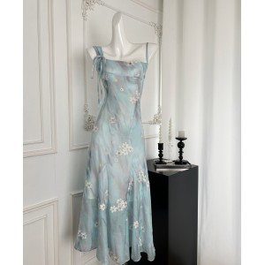 Acaine Blue Blended Long Floral One Collar Waist Strap Dress for Women's Summer French Style Skirt