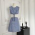 Luamos Summer Blue Small Grid Lace Splicing Bow Design Shows Thin and Elegant Dress for Women