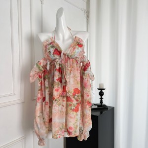 DoggyQing Sunset Skirt/French Romantic Hanging Neck Printed Dress V-neck Bareback Fairy Dress Holiday Long Dress