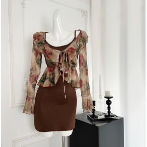 Hong Kong style retro ruffled floral cardigan dress, summer new slim fit and slimming camisole set