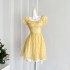 Acaine Sweet Tea Girl/Medium length Yellow Flying Sleeve Ruffle Short sleeved Dress for Women Summer French Dress