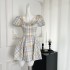 Dopamine Girl Square Collar Checkered Plucked Flower Bud Puff Waist Dress