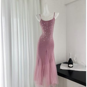 FunnJ handmade rhinestone holiday waist cinching mid length fish tail dress women's bag hip suspender skirt