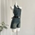 CHENJIAZHEN hanging neck denim jumpsuit women's summer pure desire style backless sexy rolled edge A-line wide leg shorts