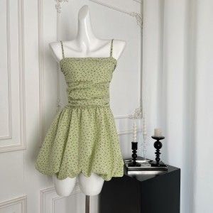 Lemon and basil mojitoTRYOLO strapless suspender waist cinching small sexy green floral dress for women in summer