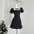 Yang Xiaojuan French retro lace patchwork black floral dress Miu series waist cinched A-line small black dress with a girlish feel