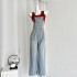 Hong Kong style high-end set, women's college style age reducing denim overalls two-piece set, explosive street trend summer 2024 new item