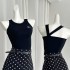 JMSHOP Savage Miss Black Embroidered Vest Women's Design Sense Summer Wave Dot Half Skirt Set Two Piece Set