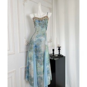AZure lace woven dress with blue blend printed long skirt temperament commuting patchwork camisole dress 2024 summer