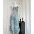 AZure lace woven dress with blue blend printed long skirt temperament commuting patchwork camisole dress 2024 summer