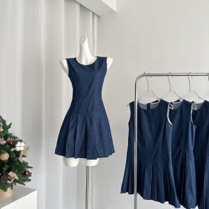 RAINY retro artistic round neck denim vest dress summer women's loose dress short A-line pleated skirt