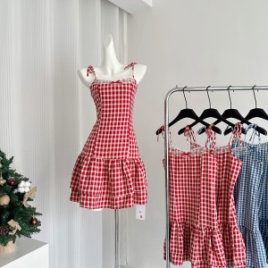 RAINY Sweet plaid patchwork lace bow suspender dress summer women's short plaid dress