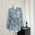 TOUCHIN positioning oil painting printed silk dress with vacation style V-neck lantern sleeves ruffle edge short skirt