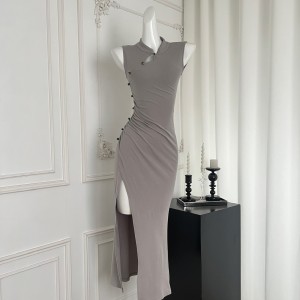 INMIMIFACE new Chinese style sexy tight fitting hip hugging dress with slanted edge stand collar and sleeveless slit qipao skirt