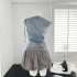 Striped slimming drawstring tied shirt niche elastic waistband tied flower bud sweet cool lantern short skirt