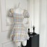 Dopamine Girl Square Collar Checkered Plucked Flower Bud Puff Waist Dress