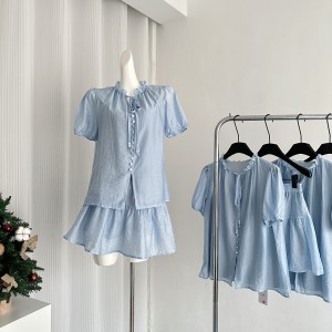 6.15 New Blue Bubble Sleeve T-shirt and Shorts Set for Women, Thin and Short Sleeve Top, Casual Pants Two Piece Set