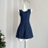 RAINY retro artistic round neck denim vest dress summer women's loose dress short A-line pleated skirt