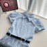 A small wild berry French style design blue shirt dress for women in summer, with a slimming waist and short sleeved long skirt, exuding a slimming temperament