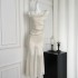 From a moment of white satin U-neck camisole dress for women's summer temperament, high-end fish tail long skirt