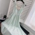 Miss Weiss, mint dream bow, shoulder sleeves, lace camisole skirt, back cross V-neck slimming jumpsuit, long skirt