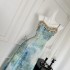 AZure lace woven dress with blue blend printed long skirt temperament commuting patchwork camisole dress 2024 summer