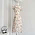 LUU Peach Blossom/Hanging Branch Haitang Fragrant Flower V-neck Dress for Women, Summer French Style, Gentle Bubble Sleeves, Elegant Design Sense