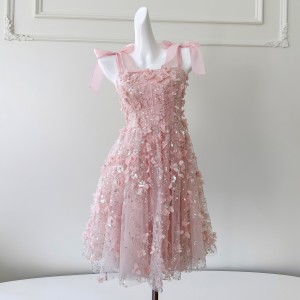 French socialite's new pink three-dimensional flower mesh sequin small dress, short suspender skirt 68278