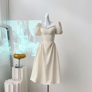 Real shot spot jacquard handmade nail drill white bubble sleeve dress with square collar and waist cinching mid length skirt