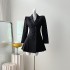 Real shot black waist cinched pleated suit dress, jacket, and dress in stock