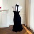 French romantic hanging neck flower bud dress, small black dress, simple waist cinching, slim fit, three-dimensional knitted fishtail dress 67858