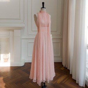 Spring and summer new pink girl style long yarn skirt stand collar annual party temperament evening dress vacation dress 68468