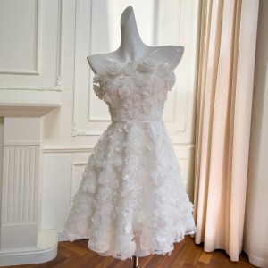 French socialite's new banquet, birthday party, white strapless dress, three-dimensional flower dress 68297