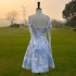 French nail bead tassel waist slimming dress, retro blue denim jacquard socialite suspender dress 68363