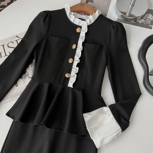 Real time spot vintage fake two black dresses, women's waist cinching slimming bag arm skirt, French mid length skirt