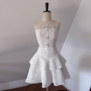 New wedding banquet white suspender strapless zipper high waisted romantic flower bud ruffle edge short skirt for women 68367