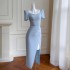 Fashionable and minimalist style, fresh and elegant blue, slim fitting and slimming women's daily slit dress, can be worn on weekdays 68130